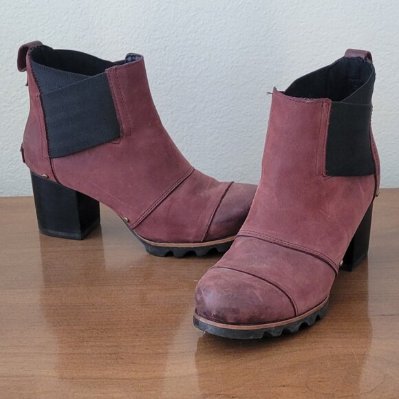 Sorel Addington Chelsea Chunky Heel Genuine Suede Bootie Cattail Burgundy Black - Picture 2 of 15